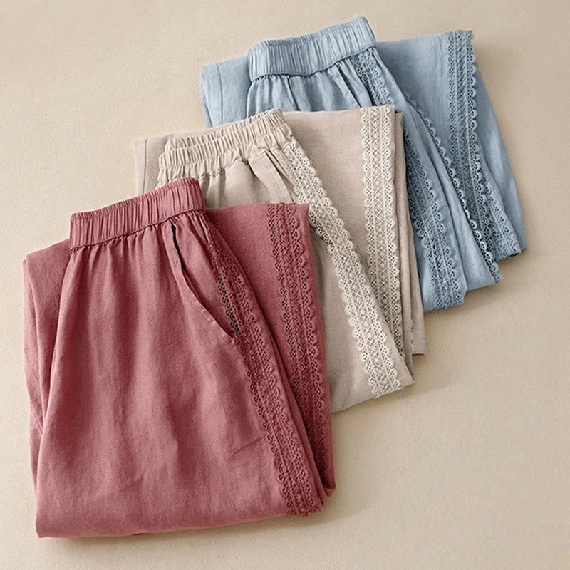 Pantalon large en coton et lin uni avec poches et coutures en dentelle et Buddha Stones pour femme - image 18