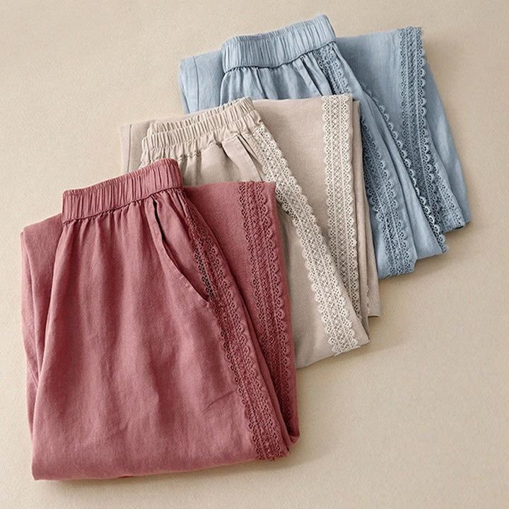 Pantalon large en coton et lin uni avec poches et coutures en dentelle et Buddha Stones pour femme - image 18