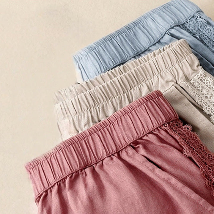 Pantalon large en coton et lin uni avec poches et coutures en dentelle et Buddha Stones pour femme - image 19