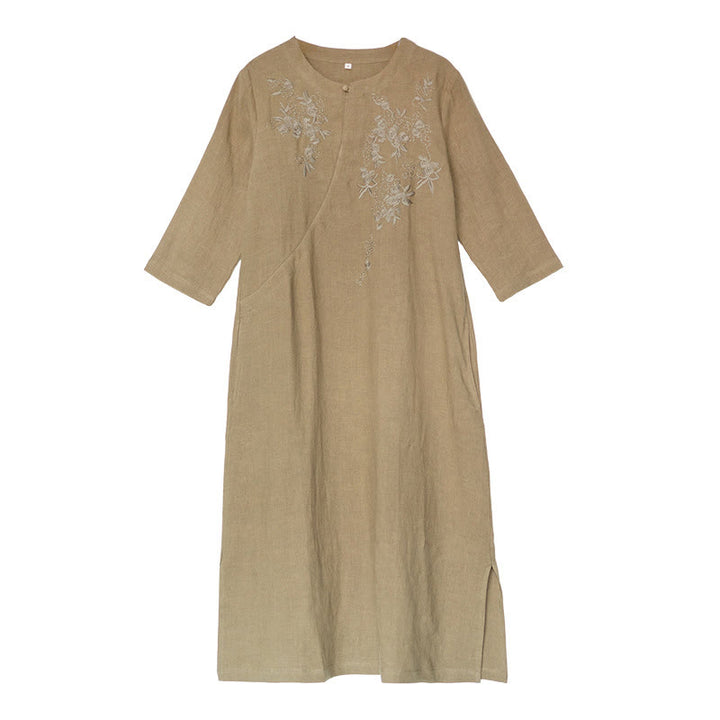 Robe mi-longue en coton et lin à manches trois-quarts et broderies vintage Buddha Stones avec poches - image 11