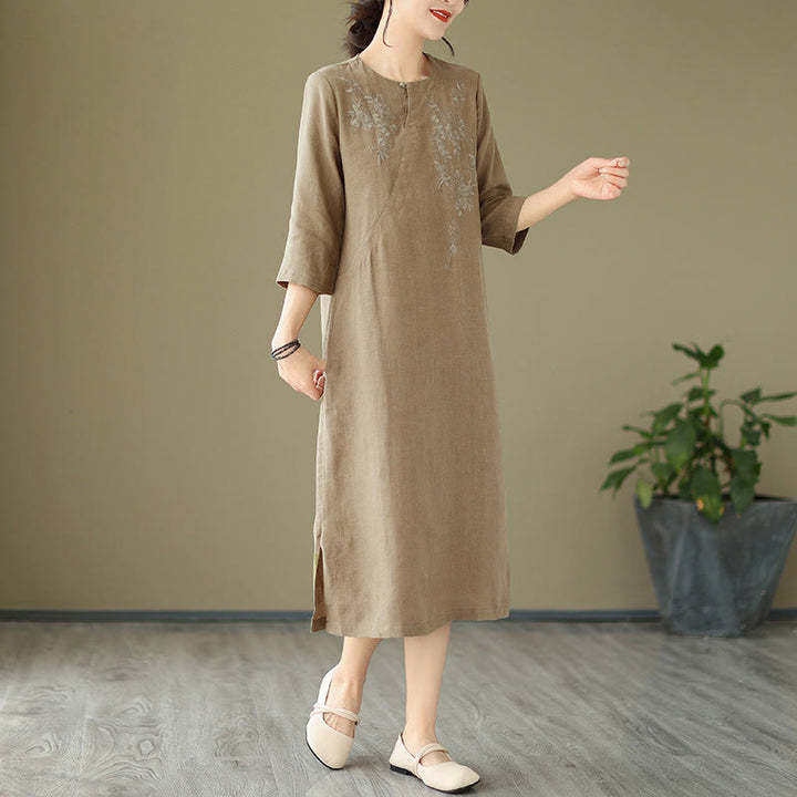 Robe mi-longue en coton et lin à manches trois-quarts et broderies vintage Buddha Stones avec poches - image 5