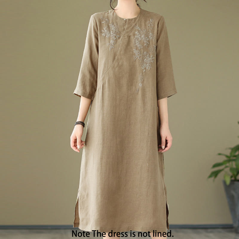 Robe mi-longue en coton et lin à manches trois-quarts et broderies vintage Buddha Stones avec poches - image 1