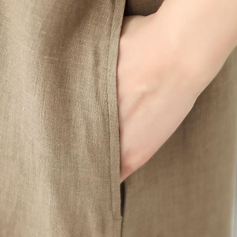 Robe mi-longue en coton et lin à manches trois-quarts et broderies vintage Buddha Stones avec poches - image 7