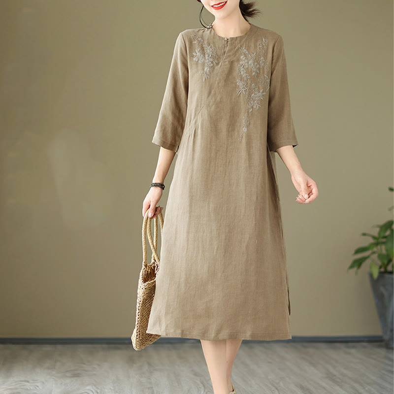 Robe mi-longue en coton et lin à manches trois-quarts et broderies vintage Buddha Stones avec poches - Kaki foncé - US8-10，UK/AU12-14，EU40-42 (2XL) - image 0