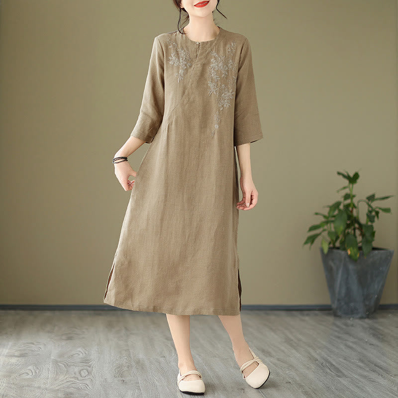 Robe mi-longue en coton et lin à manches trois-quarts et broderies vintage Buddha Stones avec poches - image 2