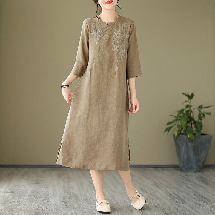 Robe mi-longue en coton et lin à manches trois-quarts et broderies vintage Buddha Stones avec poches - image 2