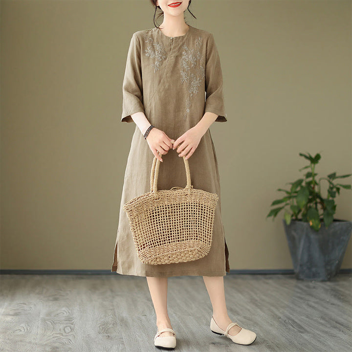 Robe midi vintage à manches trois-quarts et poches, ornée de broderies de Buddha Stones - image 4