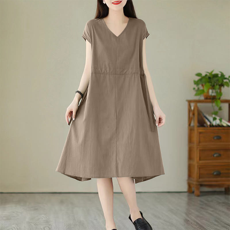 Robe midi en coton et lin à lacets et manches courtes avec poches, motif Buddha Stones, couleur pure - DarkKhaki - US12，UK/AU16，EU44 (3XL) - image 13