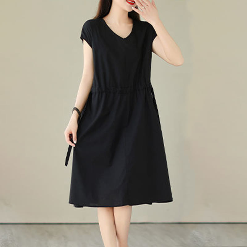 Robe midi en coton et lin à lacets et manches courtes avec poches, motif Buddha Stones, couleur pure - image 19