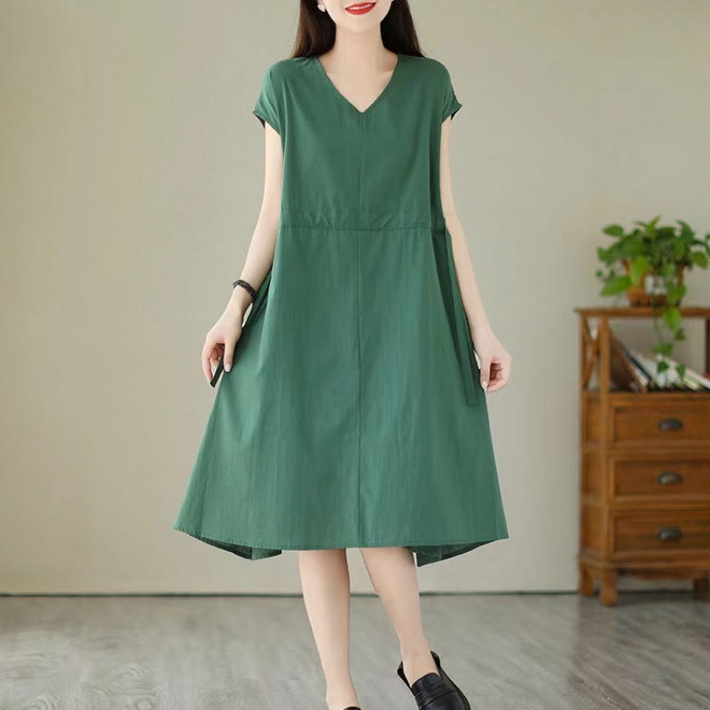 Robe midi en coton et lin à lacets et manches courtes avec poches, motif Buddha Stones, couleur pure - Vert de mer - US12，UK/AU16，EU44 (3XL) - image 0