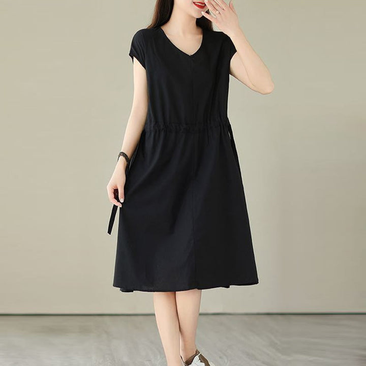 Robe midi en coton et lin à lacets et manches courtes avec poches, motif Buddha Stones, couleur pure - image 22