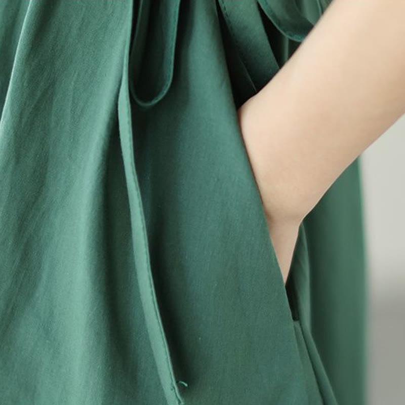 Robe midi en coton et lin à lacets et manches courtes avec poches, motif Buddha Stones, couleur pure - image 11