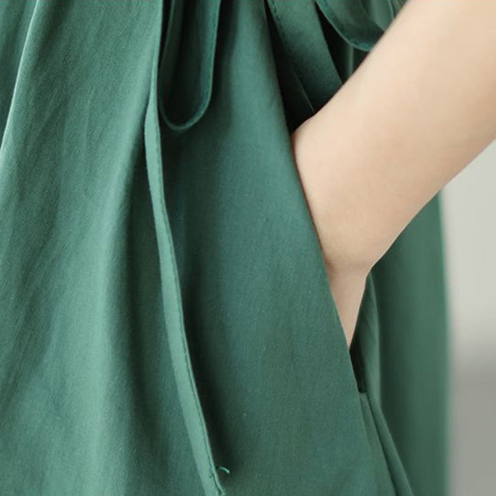 Robe midi en coton et lin à lacets et manches courtes avec poches, motif Buddha Stones, couleur pure - image 11