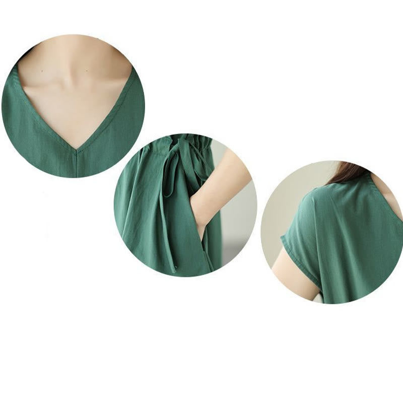 Robe midi en coton et lin à lacets et manches courtes avec poches, motif Buddha Stones, couleur pure - image 12