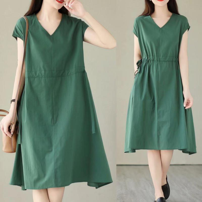 Robe midi en coton et lin à lacets et manches courtes avec poches, motif Buddha Stones, couleur pure - image 6