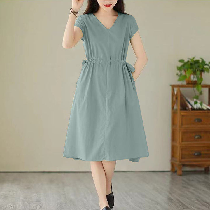 Robe midi en coton et lin à lacets et manches courtes avec poches, motif Buddha Stones, couleur pure - Aigue-marine moyenne - US12，UK/AU16，EU44 (3XL) - image 15