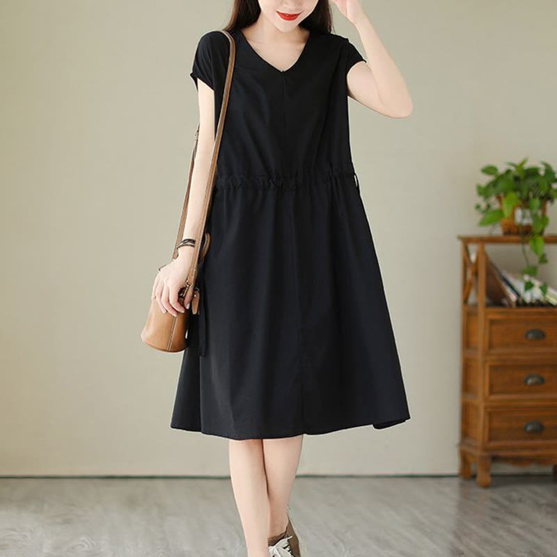 Robe midi en coton et lin à lacets et manches courtes avec poches, motif Buddha Stones, couleur pure - Noir - US12，UK/AU16，EU44 (3XL) - image 17