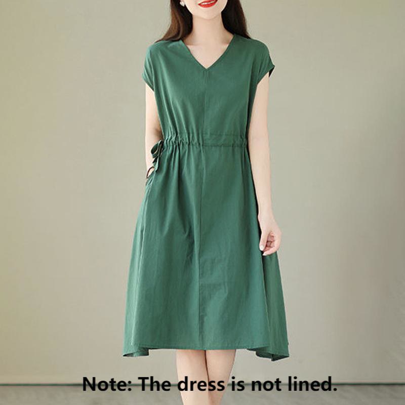 Robe midi en coton et lin à lacets et manches courtes avec poches, motif Buddha Stones, couleur pure - image 1