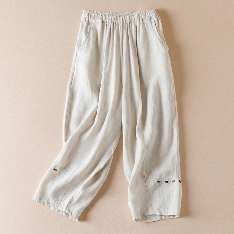 Pantalon sarouel en coton et lin pour femme, avec poches, motif Buddha Stones, fil coloré, longueur 7-8 - Beige - US12，UK/AU16，EU44 (3XL) - image 0