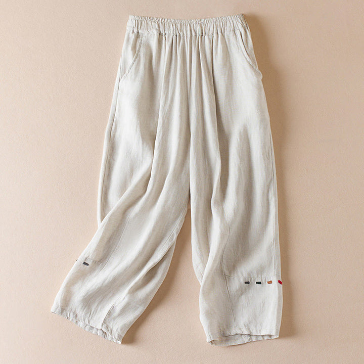 Pantalon sarouel en coton et lin pour femme, avec poches, motif Buddha Stones, fil coloré, longueur 7-8 - Beige - US12，UK/AU16，EU44 (3XL) - image 0