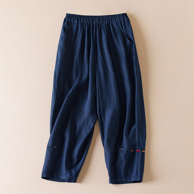 Pantalon sarouel en coton et lin pour femme, avec poches, motif Buddha Stones, fil coloré, longueur 7-8 - Marine - US12，UK/AU16，EU44 (3XL) - image 9