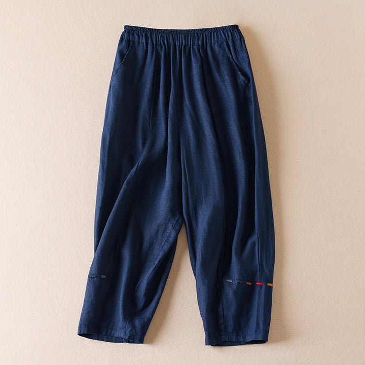 Pantalon sarouel en coton et lin pour femme, avec poches, motif Buddha Stones, fil coloré, longueur 7-8 - Marine - US12，UK/AU16，EU44 (3XL) - image 9