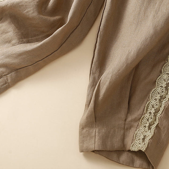 Pantalon sarouel en coton et lin avec poches pour femme, motif Buddha Stones, en dentelle unie - image 2