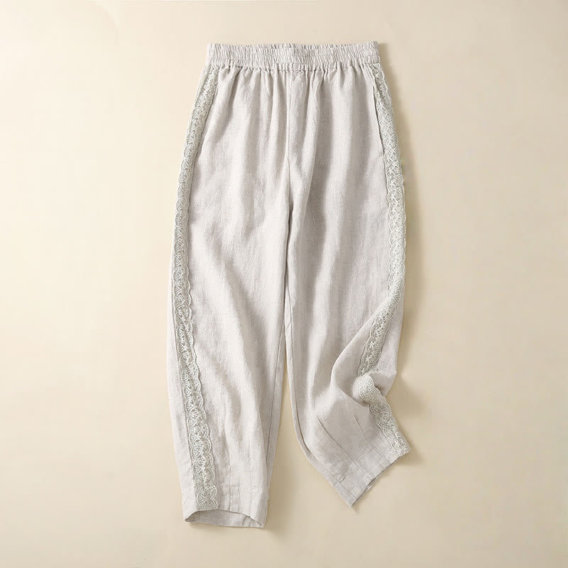 Pantalon sarouel en coton et lin avec poches pour femme, motif Buddha Stones, en dentelle unie - Fumée blanche - US8-10，UK/AU12-14，EU40-42 (2XL) - image 10