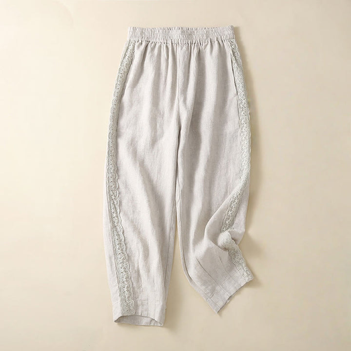 Pantalon sarouel en coton et lin avec poches pour femme, motif Buddha Stones, en dentelle unie - Fumée blanche - US8-10，UK/AU12-14，EU40-42 (2XL) - image 10