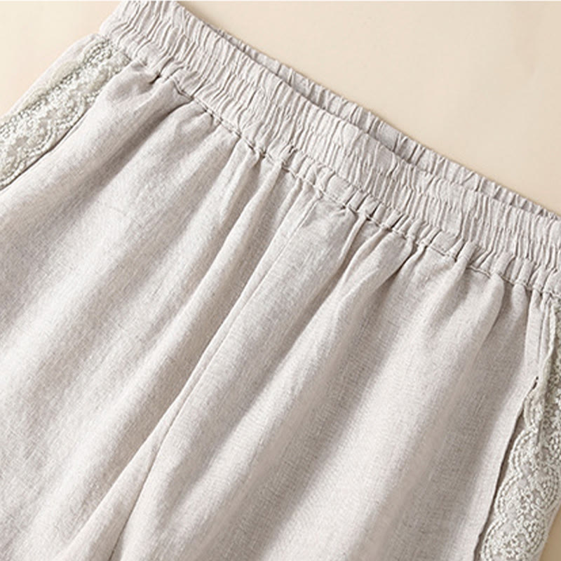 Pantalon sarouel en coton et lin avec poches pour femme, motif Buddha Stones, en dentelle unie - image 15