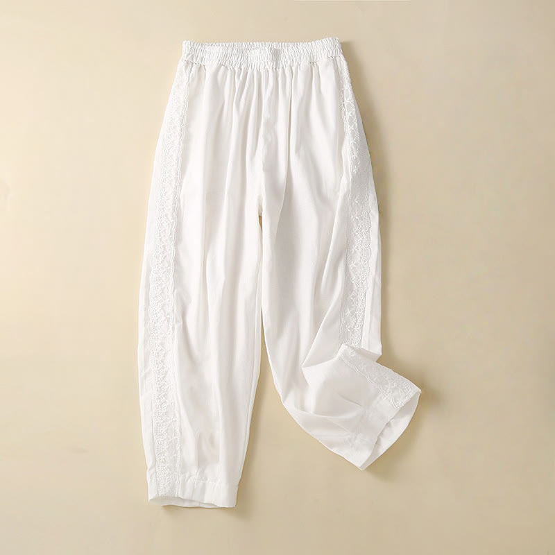 Pantalon sarouel en coton et lin avec poches pour femme, motif Buddha Stones, en dentelle unie - Blanc - US8-10，UK/AU12-14，EU40-42 (2XL) - image 20