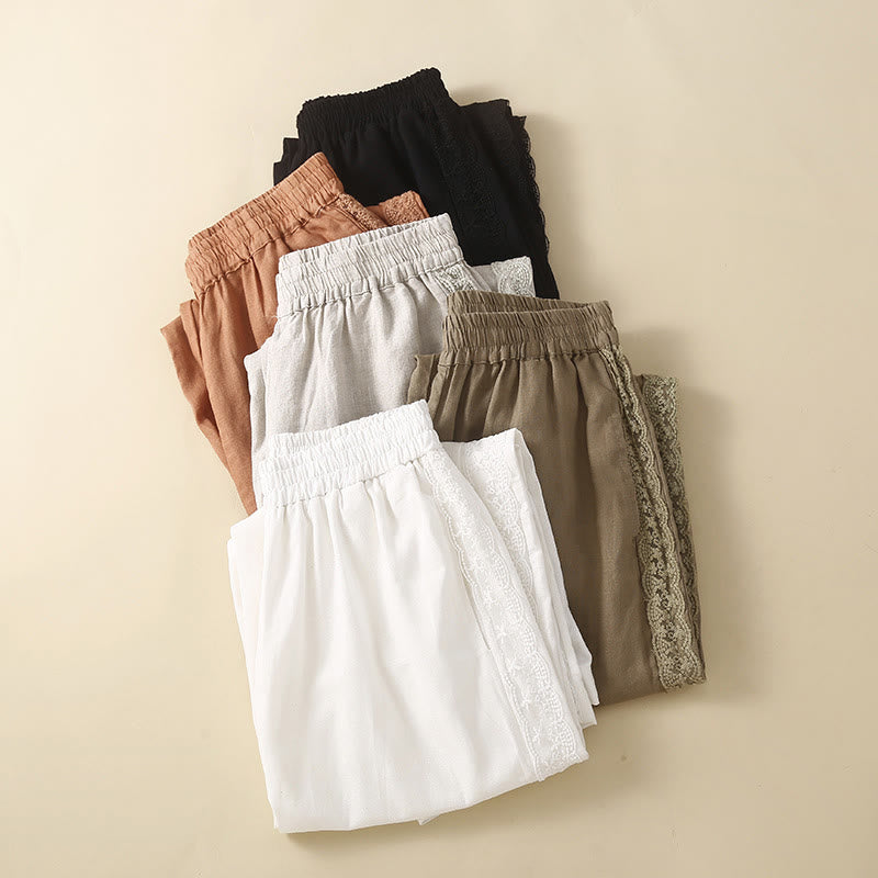 Pantalon sarouel en coton et lin avec poches pour femme, motif Buddha Stones, en dentelle unie - image 28