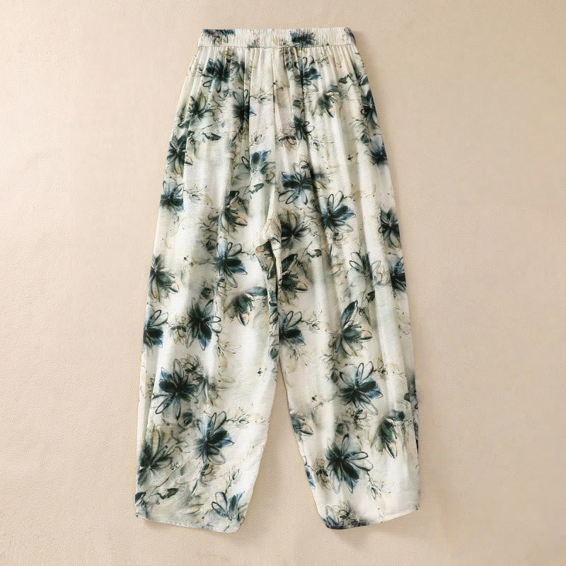 Pantalon décontracté en polyester à imprimé floral Buddha Stones pour femme, longueur 7-8, avec poches - image 1