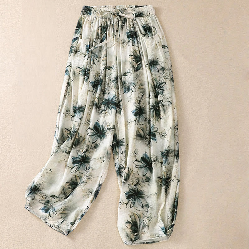 Pantalon décontracté en polyester à imprimé floral Buddha Stones pour femme, longueur 7-8, avec poches - Vert de mer - US12，UK/AU16，EU44 (2XL) - image 0