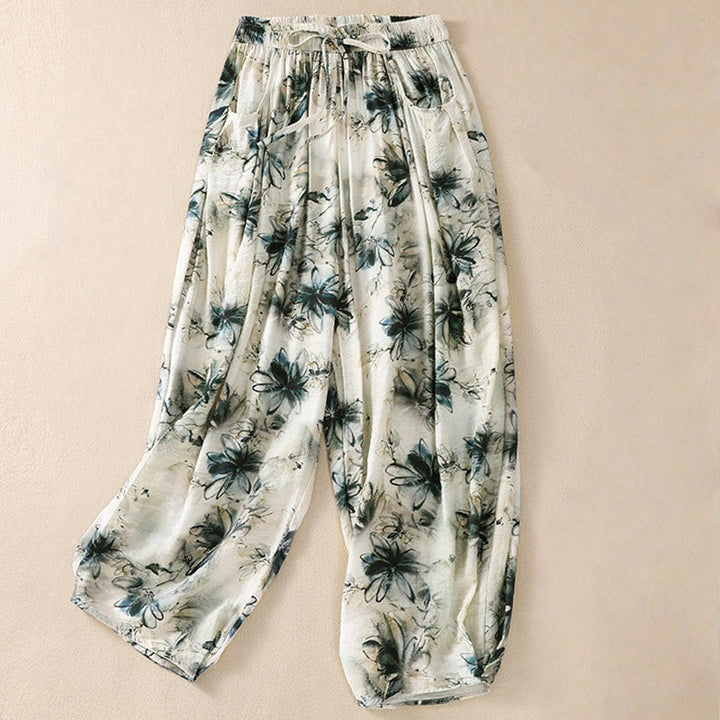 Pantalon décontracté en polyester à imprimé floral Buddha Stones pour femme, longueur 7-8, avec poches - Vert de mer - US12，UK/AU16，EU44 (2XL) - image 0