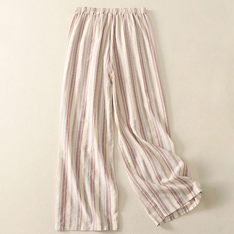 Pantalon large en coton à rayures verticales et poches pour femme, motif Buddha Stones - image 1