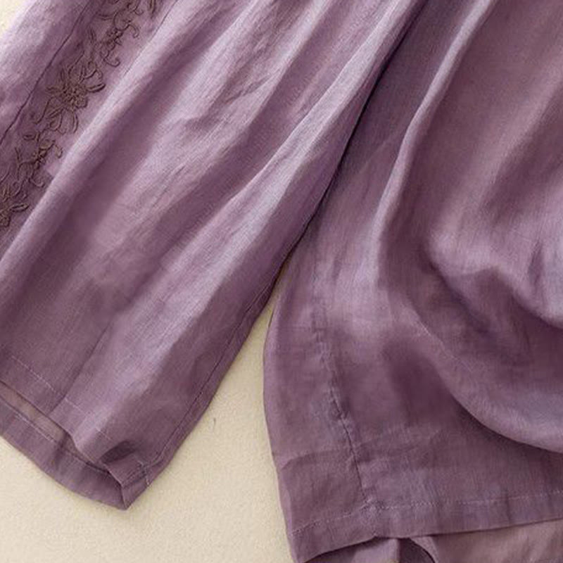 Pantalon large en coton avec broderies latérales et poches pour femme, longueur 7-8, motif Buddha Stones - image 1