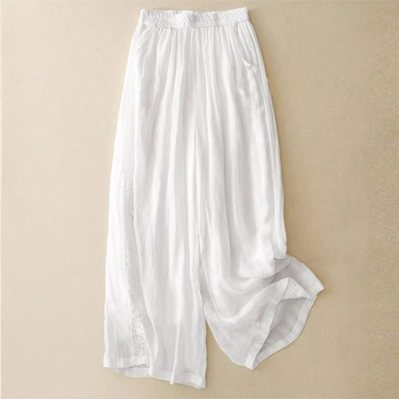 Pantalon large en coton avec broderies latérales et poches pour femme, longueur 7-8, motif Buddha Stones - Blanc - US12，UK/AU16，EU44 (3XL) - image 11