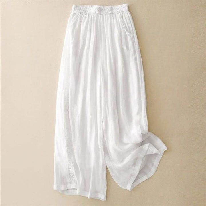 Pantalon large en coton avec broderies latérales et poches pour femme, longueur 7-8, motif Buddha Stones - Blanc - US12，UK/AU16，EU44 (3XL) - image 11