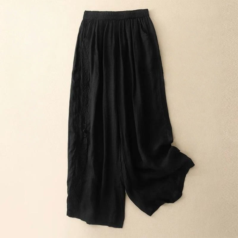 Pantalon large en coton avec broderies latérales et poches pour femme, longueur 7-8, motif Buddha Stones - Noir - US12，UK/AU16，EU44 (3XL) - image 14