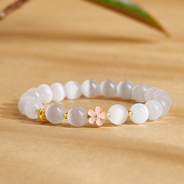 Bracelet porte-bonheur œil de chat blanc en argent sterling 925 avec Buddha Stones et fleur de pêcher - Œil de chat blanc (Tour de poignet : 17-19 cm) - image 0