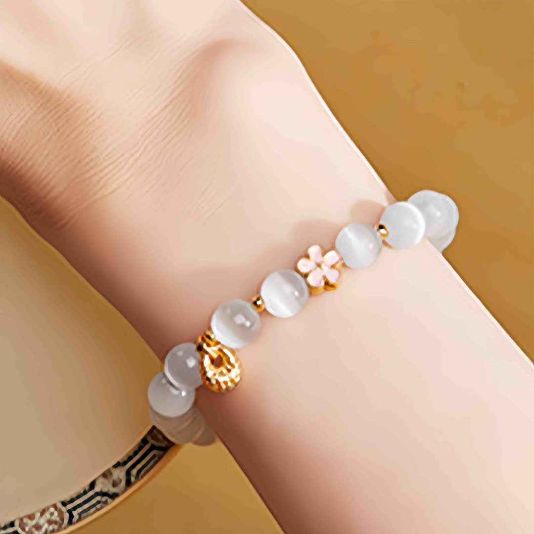 Bracelet porte-bonheur œil de chat blanc en argent sterling 925 avec Buddha Stones et fleur de pêcher - image 9