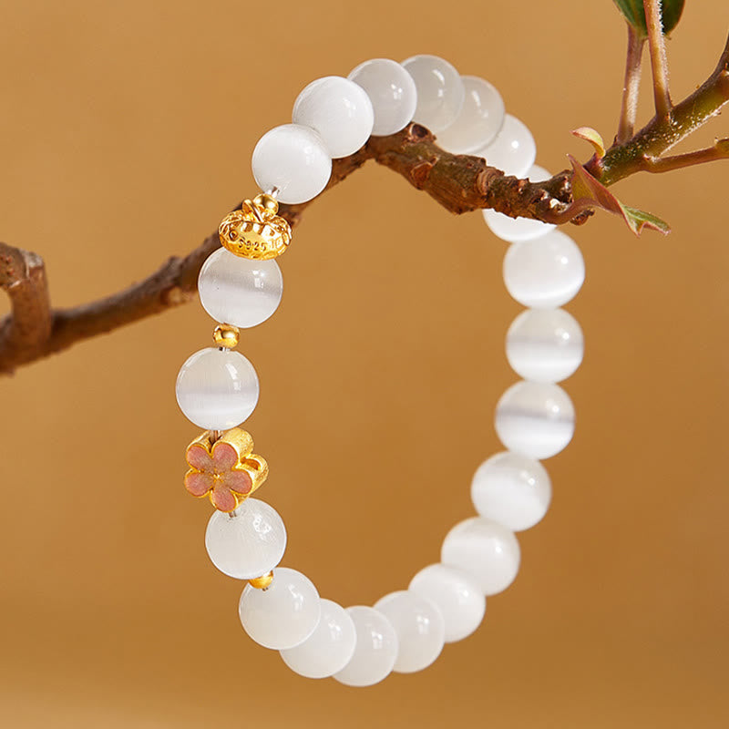 Bracelet porte-bonheur œil de chat blanc en argent sterling 925 avec Buddha Stones et fleur de pêcher - image 2