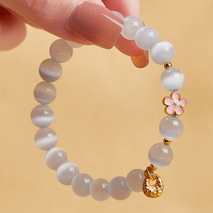 Bracelet porte-bonheur œil de chat blanc en argent sterling 925 avec Buddha Stones et fleur de pêcher - image 3