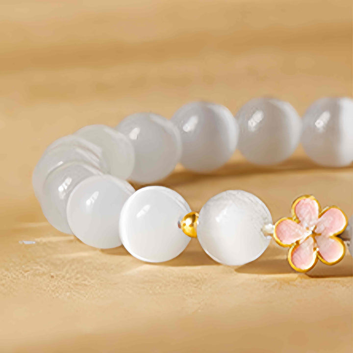 Bracelet porte-bonheur œil de chat blanc en argent sterling 925 avec Buddha Stones et fleur de pêcher - image 4