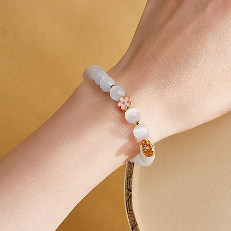 Bracelet porte-bonheur œil de chat blanc en argent sterling 925 avec Buddha Stones et fleur de pêcher - image 12