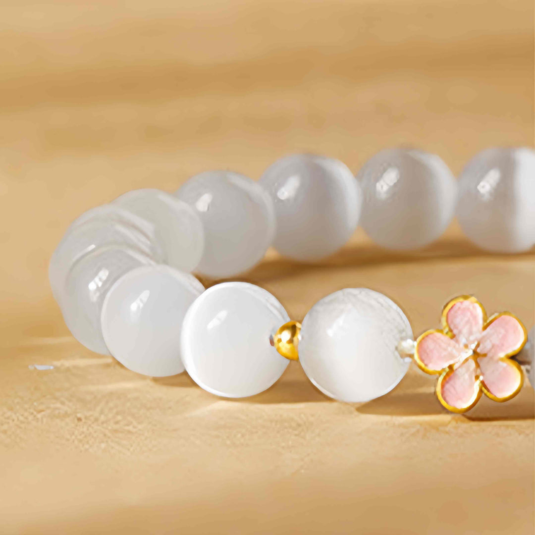 Bracelet porte-bonheur œil de chat blanc en argent sterling 925 avec Buddha Stones et fleur de pêcher - image 5