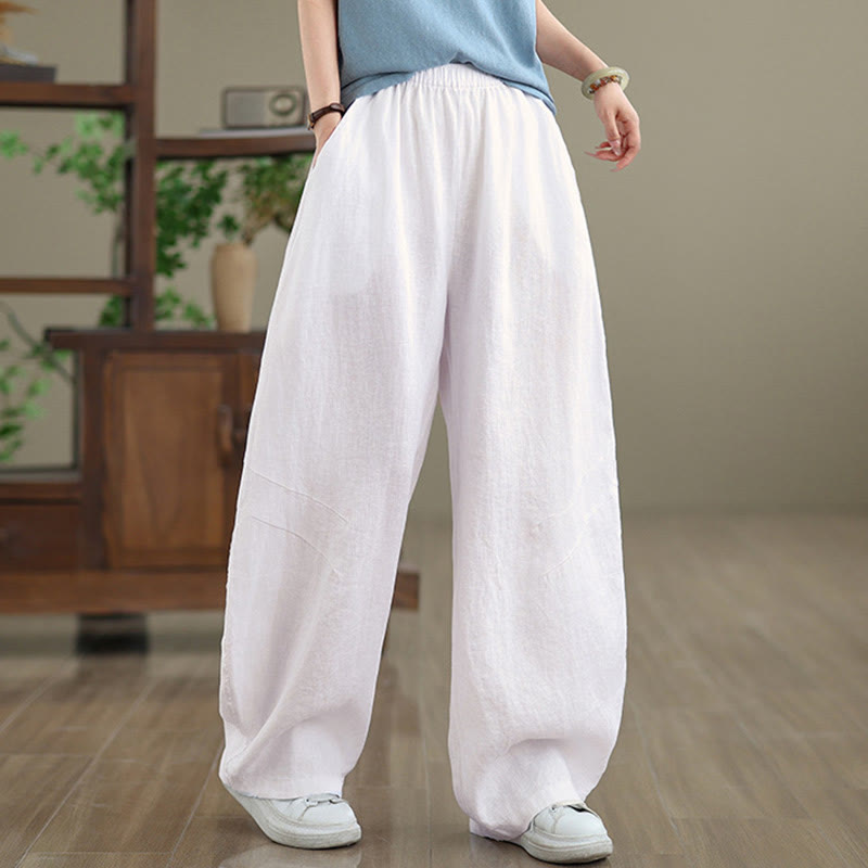 Pantalon large décontracté en coton uni avec poches pour femme Buddha Stones - Blanc - US12，UK/AU16，EU44 (3XL) - image 18