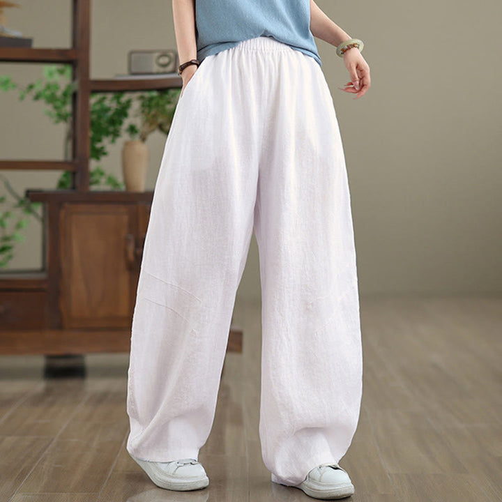Pantalon large décontracté en coton uni avec poches pour femme Buddha Stones - Blanc - US12，UK/AU16，EU44 (3XL) - image 18