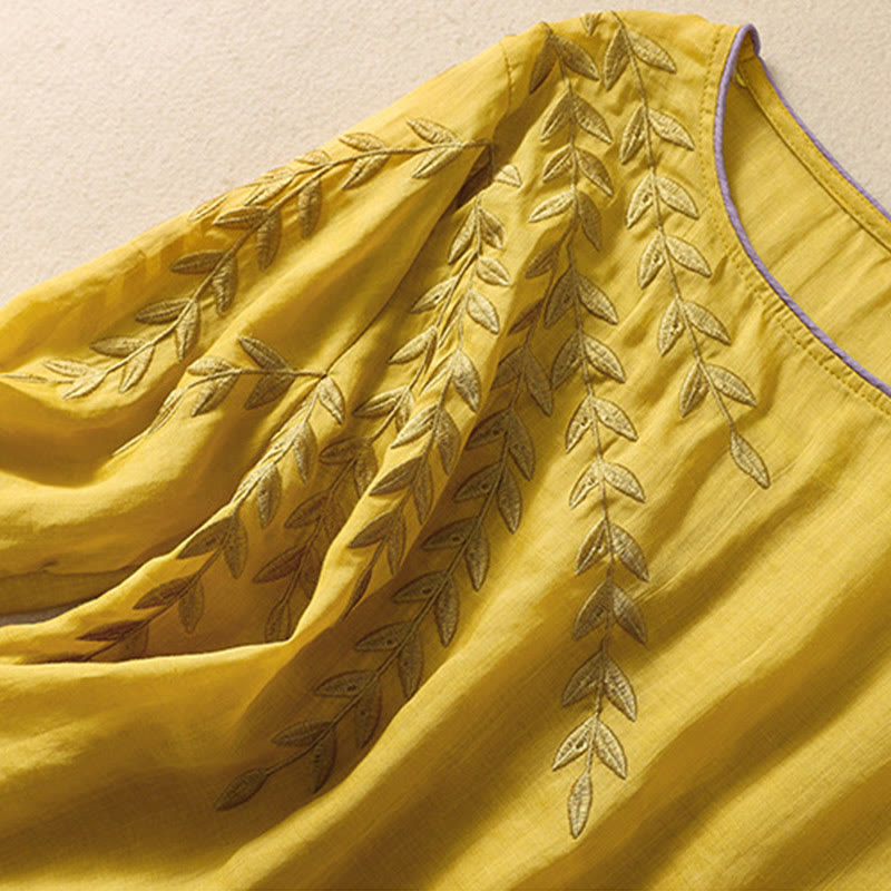 T-shirt femme en coton et lin à manches mi-longues avec broderies de Buddha Stones - image 2